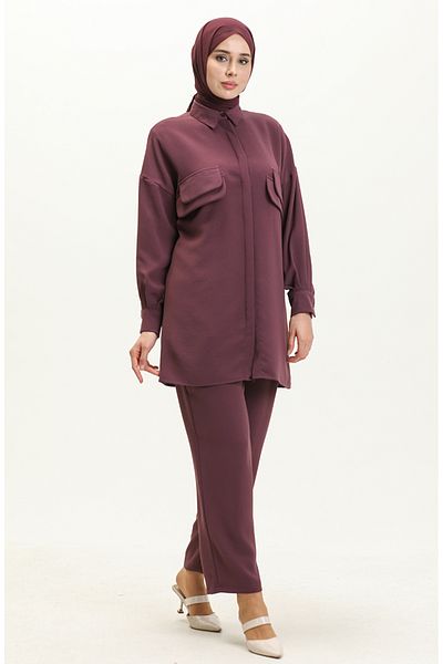 sefamerve Plum Tunic and Trousers Double Set - Pocket Detailed 5556-01