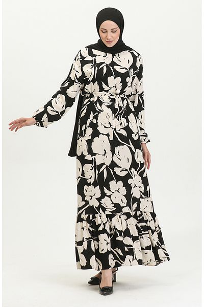 sefamerve Φόρεμα Viscose Black Floral Print - 5007-02 Cream