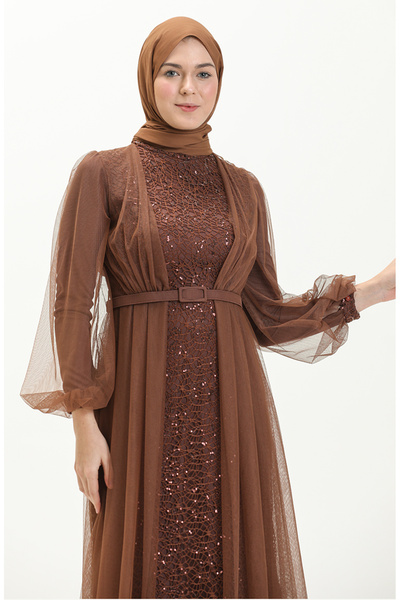 sefamerve Payet Kemerli Abiye Elbise 5383-23 Kahverengi
