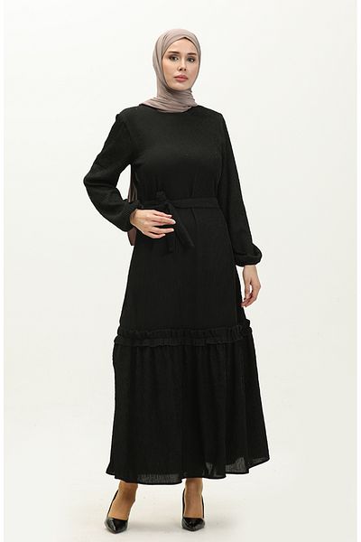 sefamerve Schwarzes Dokumentenkleid mit Kordelzug – NZR003A-03