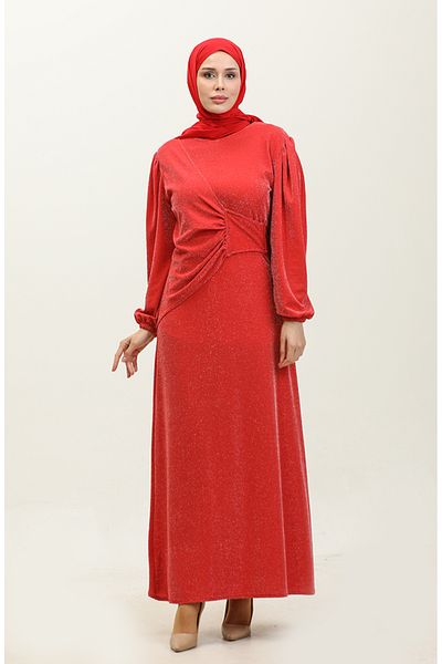 sefamerve Pomegranate Flower Patterned Alime Glitter Evening Dress - 0337-02