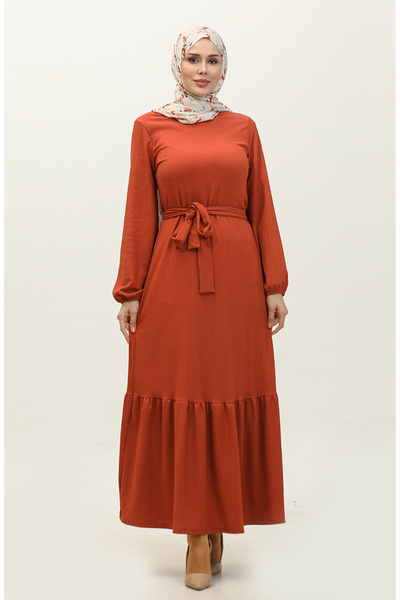 sefamerve Fliesenfarbenes Kleid mit Kordelzug und Gürtel – 0202DA-01