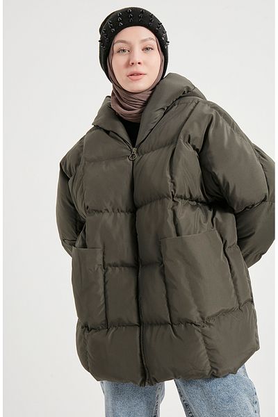 sefamerve Χακί Χρώμα Oversize Γεμιστικό Παλτό - 6054-02