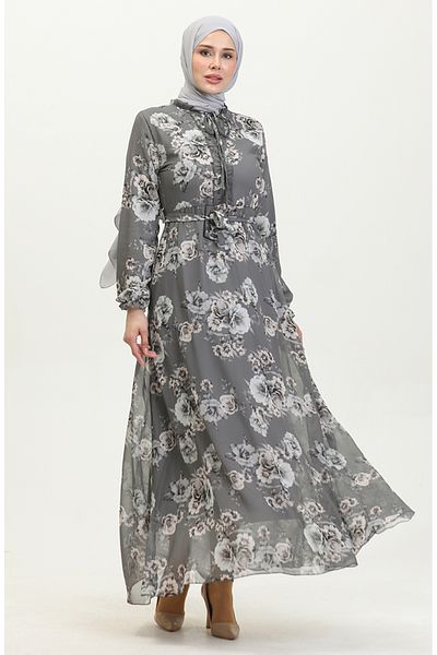 sefamerve Gray Chiffon Dress - Rose Pattern and Belted 81832-06