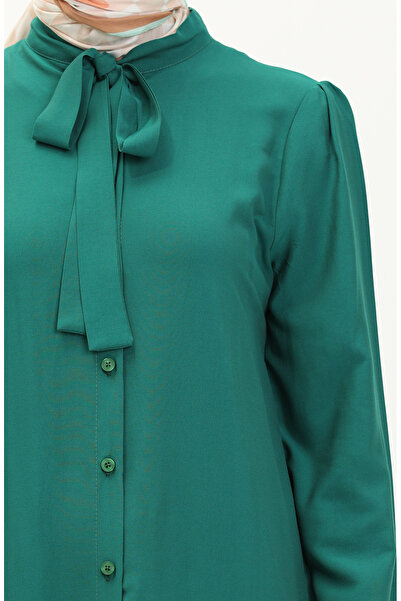sefamerve Kravat Yaka Düğmeli Elbise 5111-06 Zümrüt Yeşili