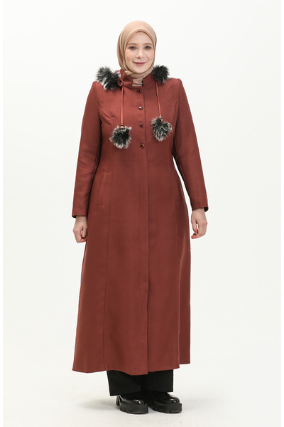 sefamerve Büyük Beden Kapüşonlu Pardesü 0461-04 Kiremit