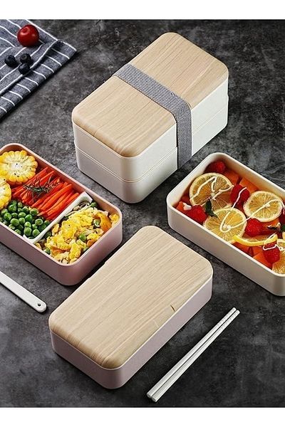 COOYA Double Layer Lunch Box,Container Bundle Divider with Plastic Cutlery and Nylon Sealing Tape(1200ml)