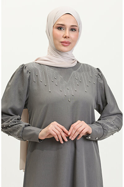 sefamerve Taş Baskılı Elbise 0406-03 Gri