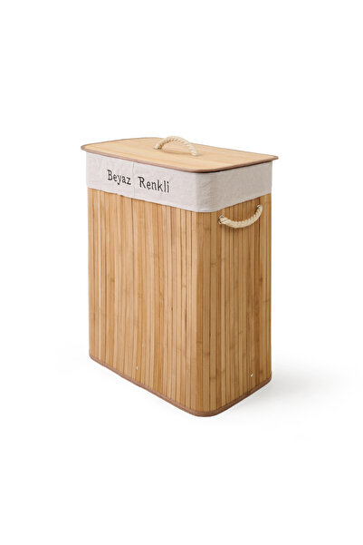 Simple Living Bambu Çift Hazneli Örme Çamaşır Sepeti - Bej - 80 lt