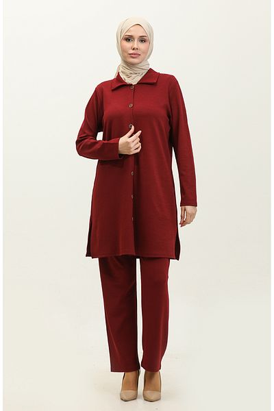 sefamerve Asian Tunic Παντελόνι Διπλό Σετ 2611-07 Claret Red
