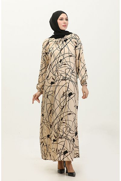 sefamerve Φόρεμα με μπεζ μοτίβο βισκόζης Plus Size - 44851K-01