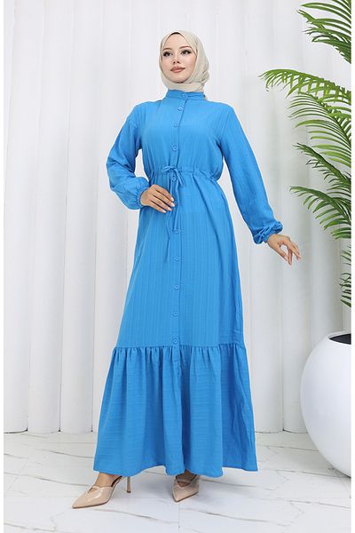 sefamerve Rochie albastră cu fustă adunată cu nasturi - 0351-02