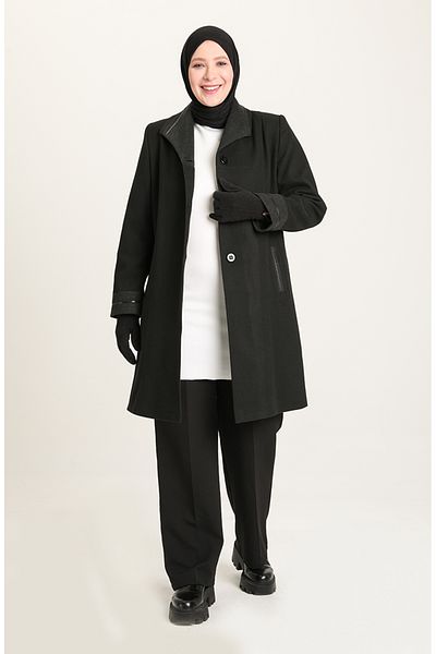 sefamerve Μαύρο Παλτό Cashmere Plus Size - Κουμπιά, 0328-02