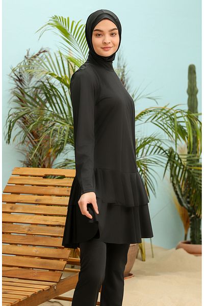 sefamerve Hijab-Badeanzug mit schwarzem Volant – 2215-01