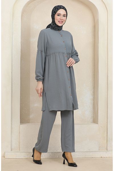 sefamerve Gray Aerobin Fabric Tunic and Trousers Double Set - 1006-01