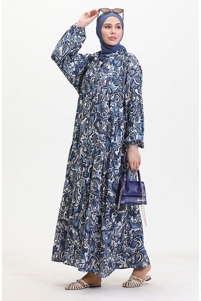 sefamerve Navy Blue Patterned Viscose Dress - 0472-01