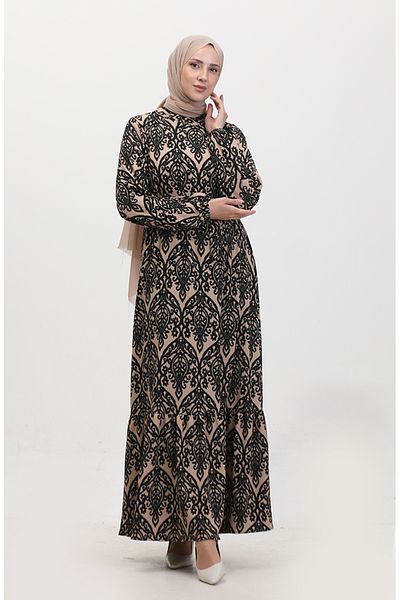 sefamerve Φόρεμα με σχέδιο Viscose Melike - Milk Brown Black 0348-03