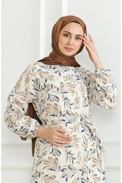 sefamerve Linen Dress 0471-01 - Patterned and Belted, Beige Navy
