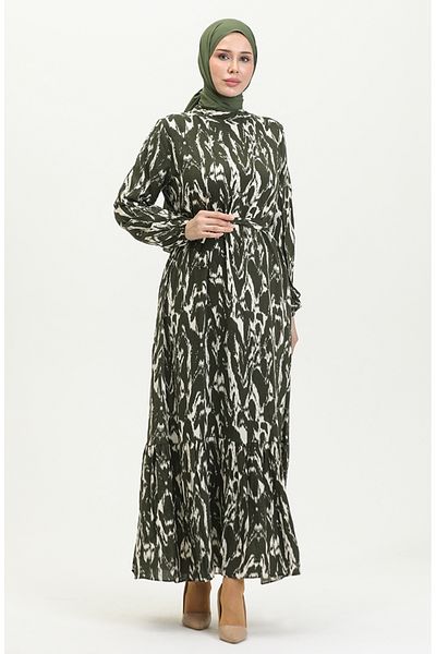 sefamerve Khaki Viscose Patterned - Belted Dress 0421-02