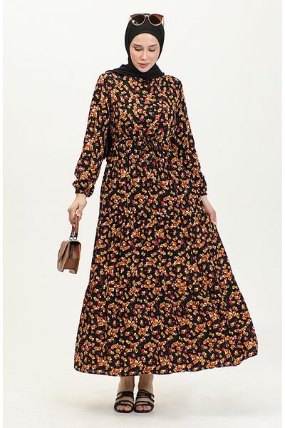 sefamerve Φόρεμα βισκόζης μαύρο μουστάρδα - Floral print, Μοντέλο 0426-01