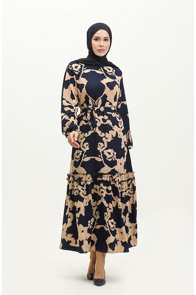 sefamerve Φόρεμα Navy Blue Viscose - με μοτίβο και φύλλο 0277-01