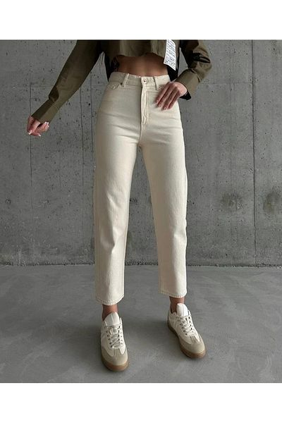 JAXEN Γυναικείο παντελόνι Freya Cream Lycra Mom Jeans Boyfrend