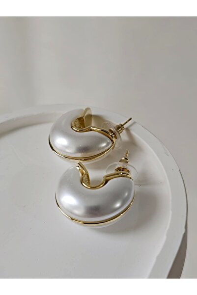 bej jewelry Beyaz Bombeli Oval Halka Küpe