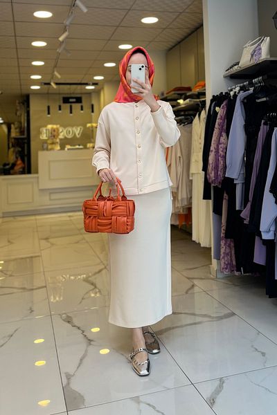 Vosse Crochet Knitwear Beige Button Detailed Skirt Suit