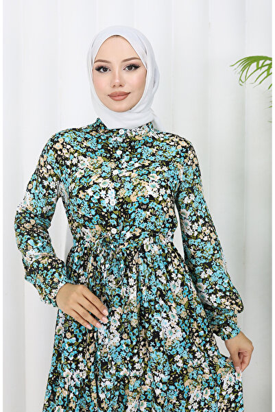 sefamerve Ανοιξιάτικο φόρεμα με μισό κουμπί με λουλούδια τιρκουάζ - 0361-01