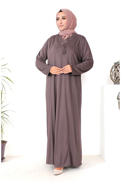 sefamerve Stone Printed Plus Size Καφέ χτενισμένο βαμβακερό φόρεμα - 4932-04