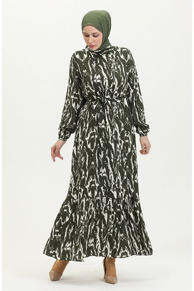 sefamerve Khaki Viscose Patterned - Belted Dress 0421-02