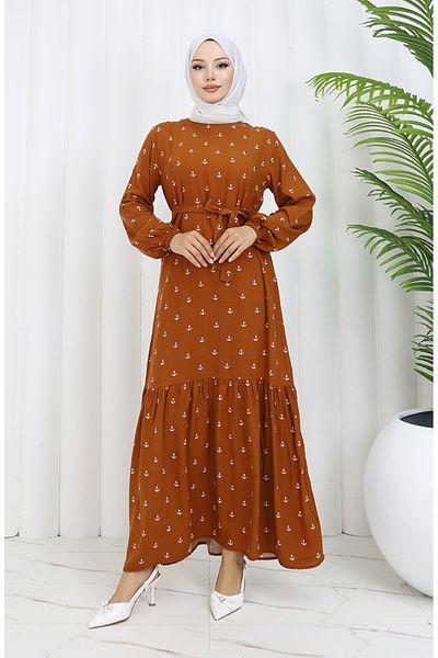 sefamerve Φόρεμα Berra Anchor Pattern Cotton Viscose 0344-03 Tan