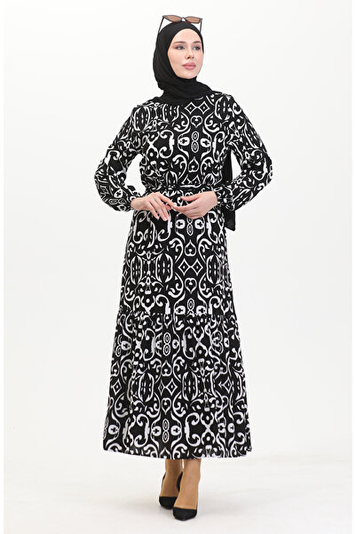 sefamerve Desenli Kuşaklı Viskon Elbise 0469-04 Siyah