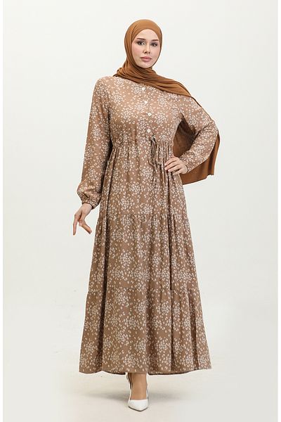 sefamerve Φόρεμα Gülsüm Viscose - Floral Print, Half Button, Mink 0358-04