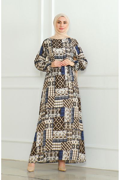 sefamerve Φόρεμα βισκόζης με σχέδιο 0502-01 Navy Brown