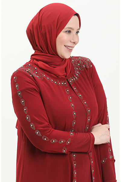 sefamerve Büyük Beden Taş Baskılı Abiye Elbise 5066A-05 Bordo