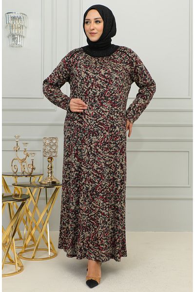 sefamerve Red Plus Size Patterned Viscose Dress - 4447A-02