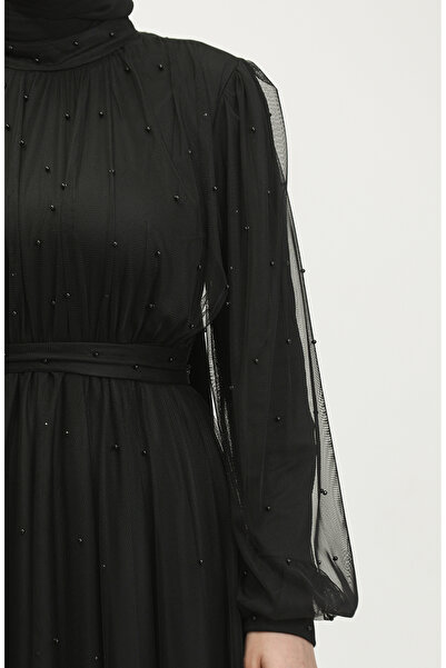 sefamerve İncili Tül Abiye Elbise 6233-03 Siyah