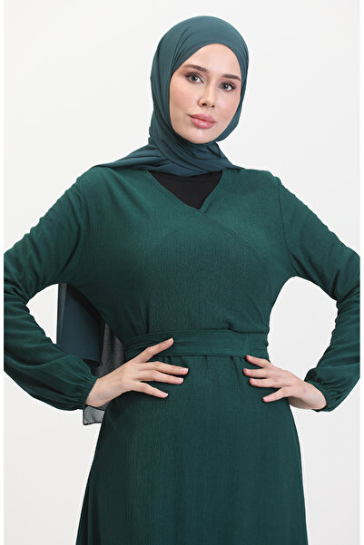 sefamerve Wrapped Fabric Side Tie Dress 1033-04 Emerald Green