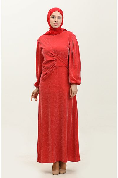 sefamerve Pomegranate Flower Patterned Alime Glitter Evening Dress - 0337-02