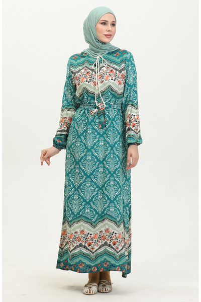 sefamerve Renk Garnili Viskon Elbise 0418-04 Petrol