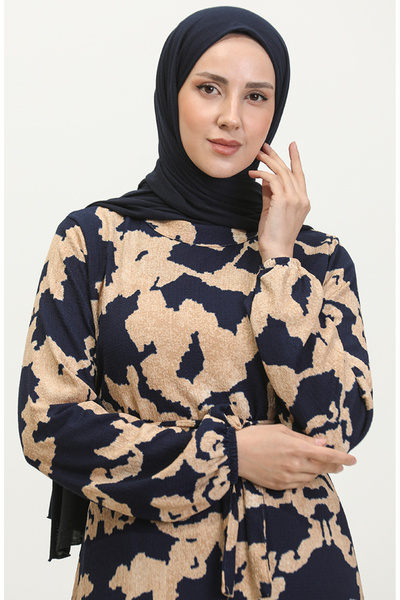 sefamerve Yezra Desenli Kuşaklı Elbise 0345-02 Lacivert Bej