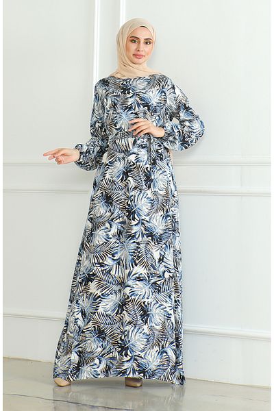 sefamerve Φόρεμα βισκόζης με μοτίβο 0506-03 Navy Blue