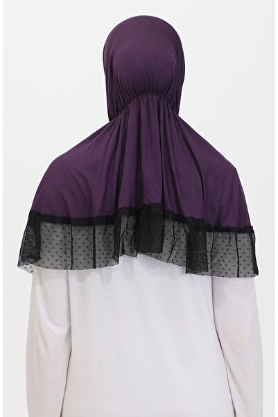 sefamerve Μωβ 1270-07 Μοντέλο Πρακτικό σάλι με λεπτομέρεια από τούλι