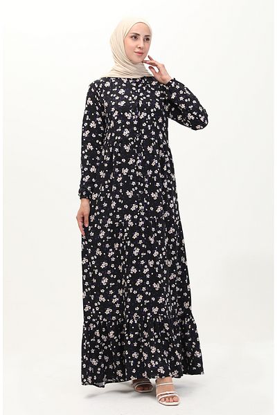 sefamerve Μαύρο Φόρεμα Βισκόζης - Floral Print, Μοντέλο 0118-02