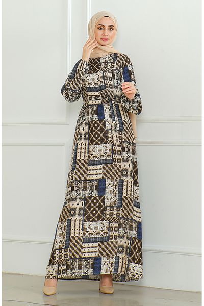 sefamerve Φόρεμα βισκόζης με σχέδιο 0502-01 Navy Brown