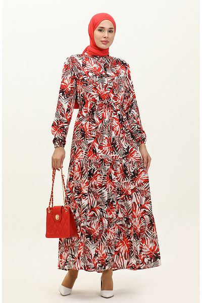 sefamerve Red Viscose Dress - Palm Pattern, Model 0231-06