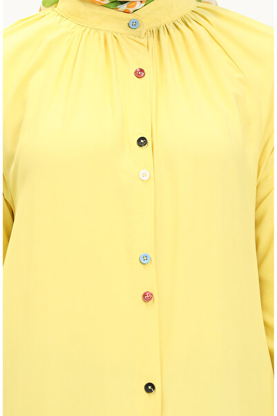 sefamerve Çift Düğmeli Viskon Elbise 5110-03 Sarı