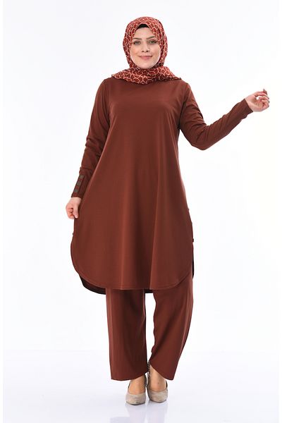 sefamerve Plus Size Tan Tunic and Pants Σετ δύο τεμαχίων - Λεπτομέρεια κουμπιού 2655-03