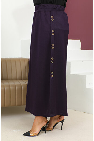 sefamerve Plus Size Plum Colored Elastic Skirt 4200-03 - Button Detailed